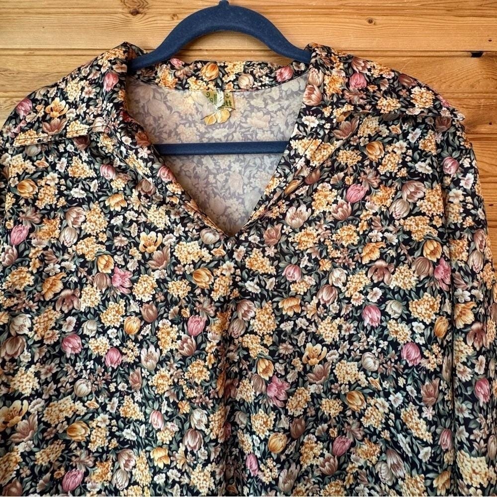 VTG 70s John Abbott Tunic Wide Pointy Collar Low Pockets Floral Large Disco